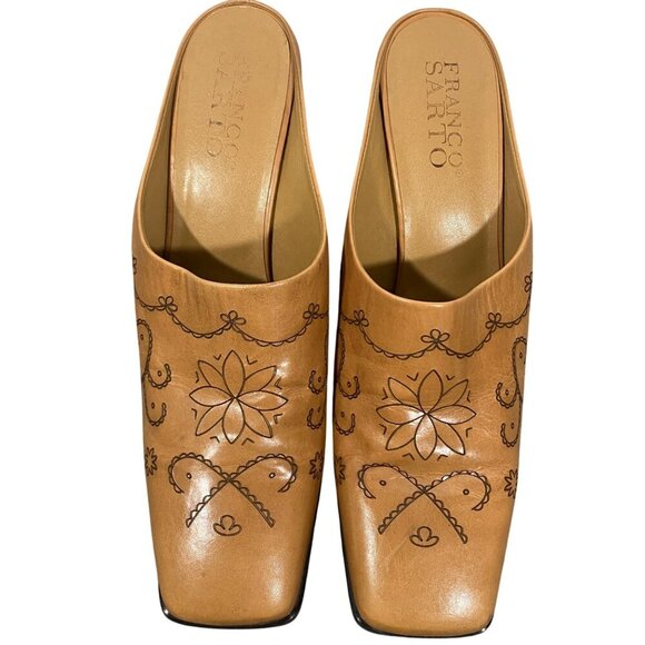 Franco Sarto Tan Leather Etched Slip-On Square Toe Block Heel Mules  Size 10 - Picture 1 of 10